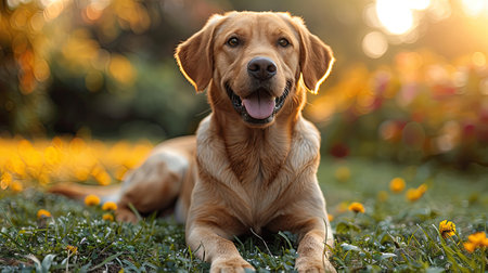 Labrador dog laying on the grass in the yardの素材