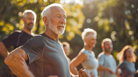 A group of people are exercising outdoors, with one man in the center of the group. The man is wearing a black shirt and he is focused on his workoutの素材