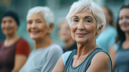 Group of older women are smiling and sitting togetherの素材