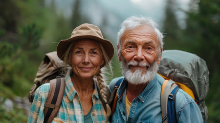 Portrait of senior man and woman with backpacks in a forestの素材