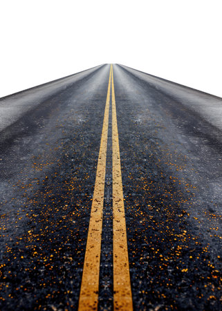 Straight asphalt road with yellow divider lines isolated on white backgroundの素材