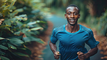 A man is running on a path with a blue shirt on. He is smiling and he is enjoying himselfの素材