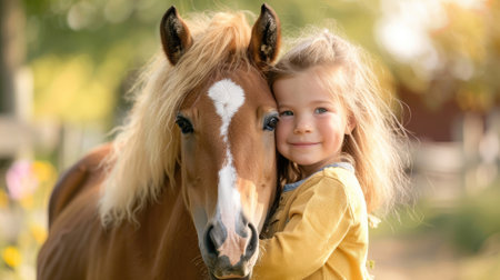 Young girl hugging a small brown horseの素材