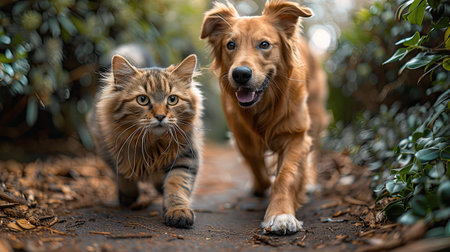 Cat and a dog walking together on a pathの素材