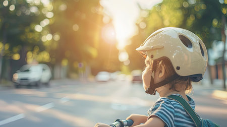 Young boy wearing bicycle helmetの素材