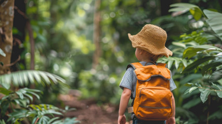 Back view of a young boy with backpack walking in a forest in summerの素材