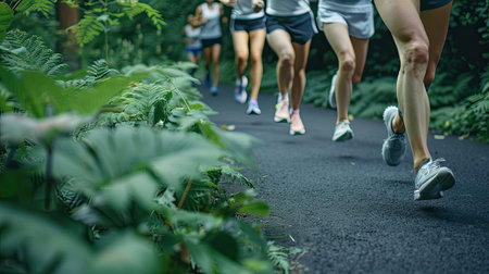 Group of people running in a forestの素材