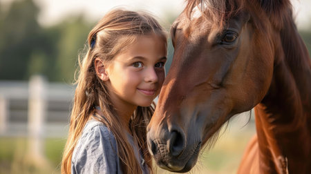 Young girl standing next to a horse in the fieldの素材