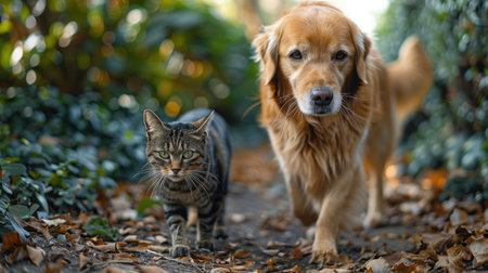 Cat and a dog walking together on a pathの素材
