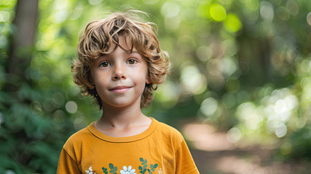 Portrait of a young boy walking in a forest in summerの素材