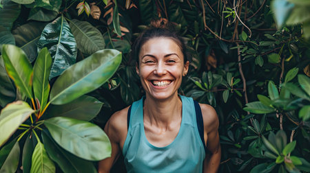 Smiling woman in the tropical forestの素材