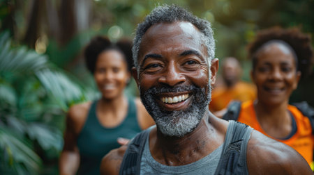 Group of african american people running in a forestの素材