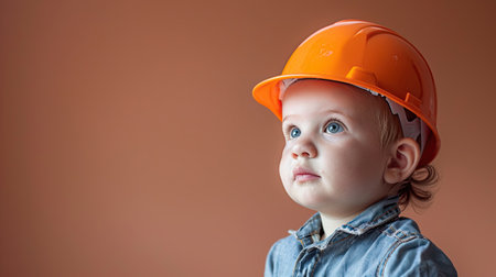 Portrait of a young baby boy wearing orange safety hatの素材