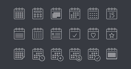 Calendar line icons set on dark background, vector eps10 illustrationのイラスト素材