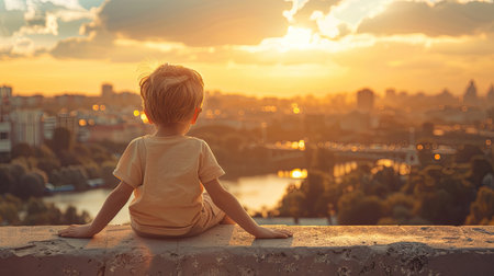 Back view of a young boy is sitting on a ledge overlooking a city on sunsetの素材