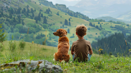 Boy and his dog sitting on a grassy hillside, enjoying the view of the mountainsの素材