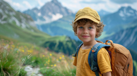 Young boy with a backpack standing amidst mountains, surrounded by breathtaking view of natural beautyの素材