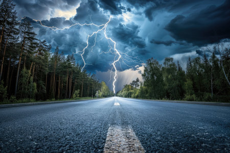 Lightning bolt strikes the asphalt roadの素材