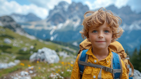 Young boy with a backpack on the trail in mountains, surrounded by breathtaking natural beautyの素材