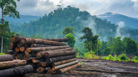 Pile of logs is stacked in a field with a mountain in the background, deforestation conceptの素材