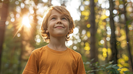 Young happy boy walking in a forest in summer with the sun shining through the treesの素材