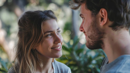 Couple in love enjoying a romantic moment together in a peaceful park settingの素材