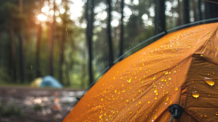 Close-up of rain drops on the tent in a forestの素材