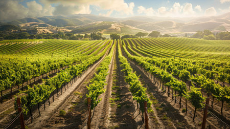 Vineyard with rows of green vinesの素材