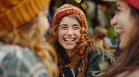 Three women are smiling and laughing togetherの素材