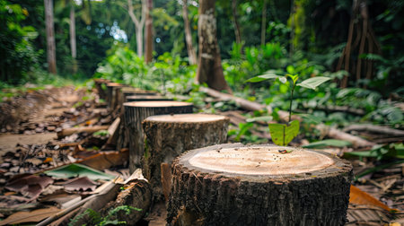 Row of stumps in a forest, deforestation conceptの素材