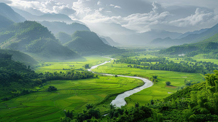 Green field with a river running through itの素材
