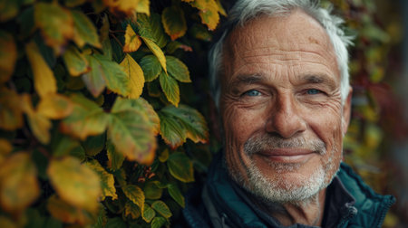Portrait of an adult smiling man with green leaves on backgroundの素材