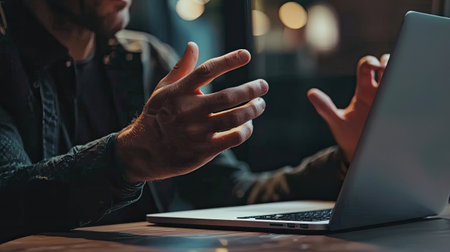 Man talking on a laptop by videocallの素材