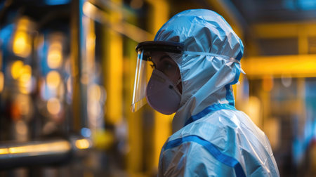Woman in a white and blue protective suit standing on a factory, concept of caution and safetyの素材