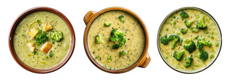 Bowls with broccoli soup isolated on white background, top viewの素材
