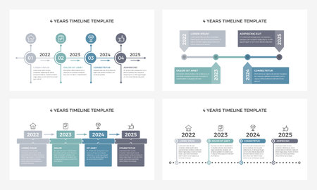Presentation slides featuring timeline with 4 elements, representing a stages or milestones in a sequential process, vector eps10 illustrationのイラスト素材