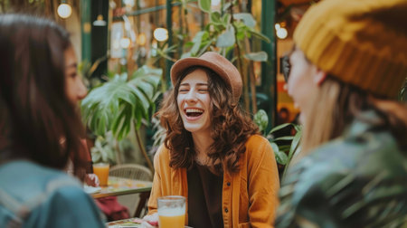 Three women are smiling and laughing togetherの素材