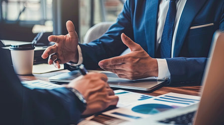 Two men in suits discussing something at a table with laptops and papersの素材