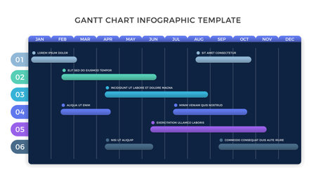 Project timeline infographic template with 6 tasks, gantt chart, dark background, vector eps10 illustrationのイラスト素材