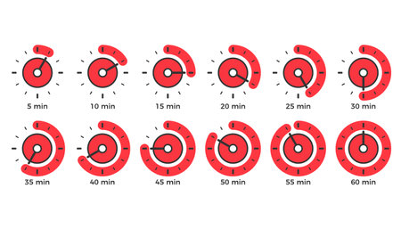 Red clock icons with different time, vector eps10 illustrationのイラスト素材