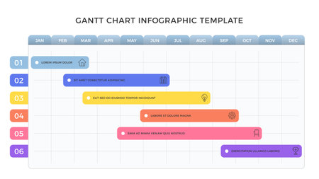 Gantt chart, project plan with 6 tasks, timeline infographic template, vector eps10 illustrationのイラスト素材