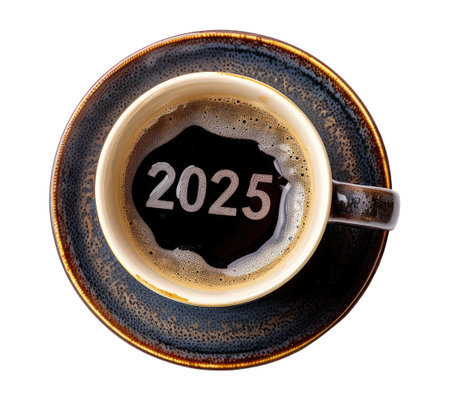 Coffee cup with new year 2025 number, isolated on white backgroundの素材