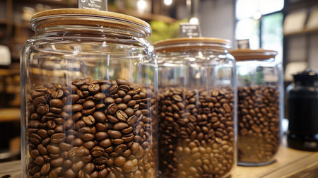 Glass jars with coffee beans in the retail storeの素材