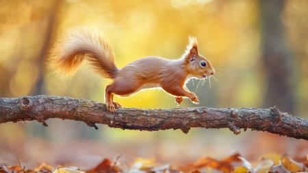 Squirrel running on a branch in autumn forestの素材