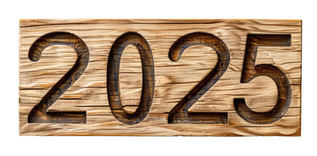 New year number 2025 on the wooden plank isolated on white backgroundの素材