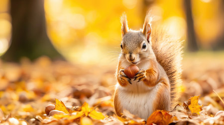 Squirrel with nut in autumn forestの素材