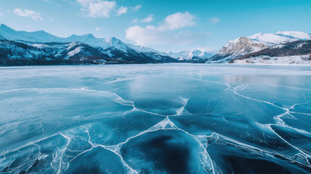 Lake covered with cracked ice in the mountainsの素材