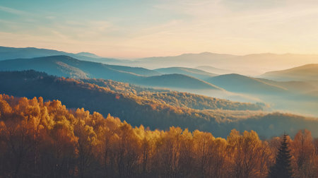 Aerial view of the forest in autumn, the fog spreads between the hillsの素材