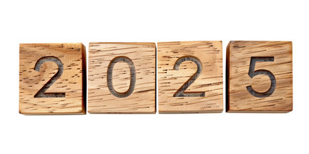 Happy new year 2025, wood blocks with numbers, isolated on white backgroundの素材