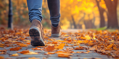 Man walking on a sidewalk covered with leaves in autumn parkの素材